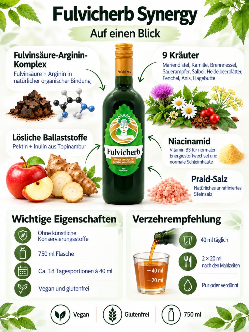 Fulvicherb Synergy – Fulvinsäure-Arginin-Komplex, neun Kräuter, Pektin, Inulin, Niacinamid und Verzehrempfehlung im Überblick